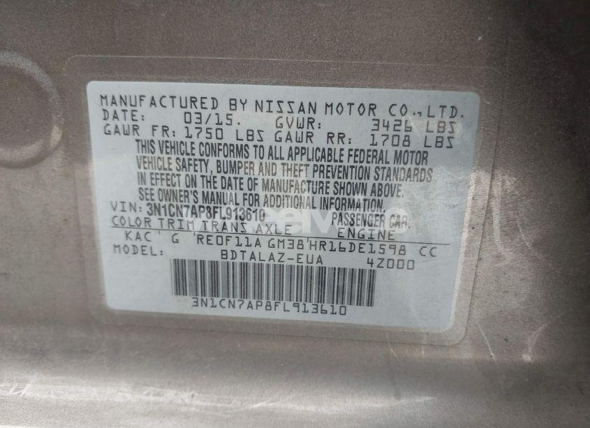 Photo 9 of 2015 Nissan Versa 1.6 S+ (VIN 3N1CN7AP8FL913610)