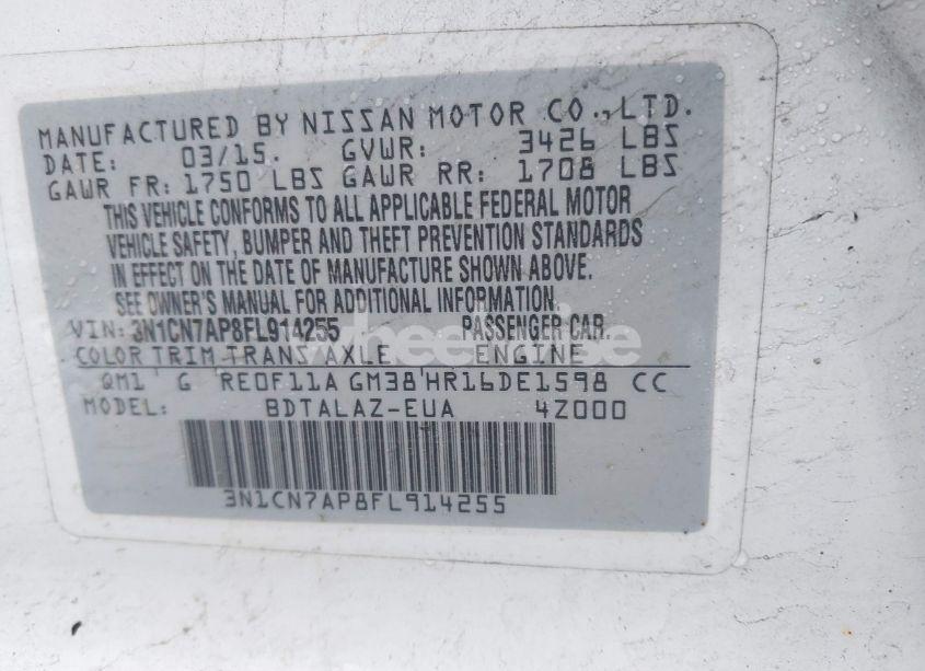 Photo 9 of 2015 Nissan Versa 1.6 S+ (VIN 3N1CN7AP8FL914255)