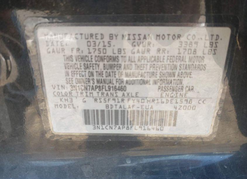 Photo 9 of 2015 Nissan Versa 1.6 S (VIN 3N1CN7AP8FL916460)