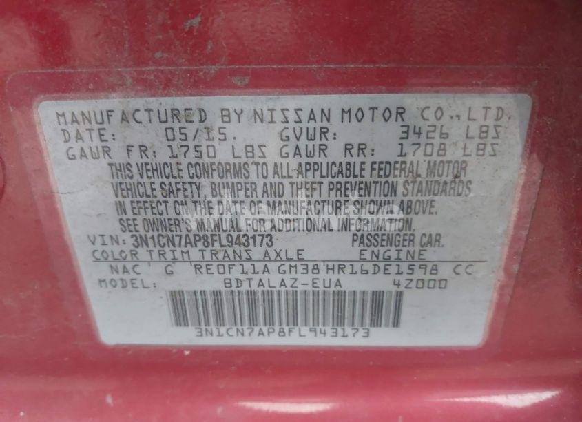 Photo 9 of 2015 Nissan Versa 1.6 S+ (VIN 3N1CN7AP8FL943173)