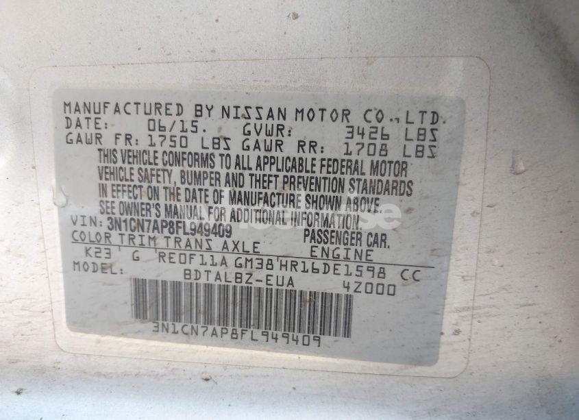 Photo 9 of 2015 Nissan Versa 1.6 SV (VIN 3N1CN7AP8FL949409)