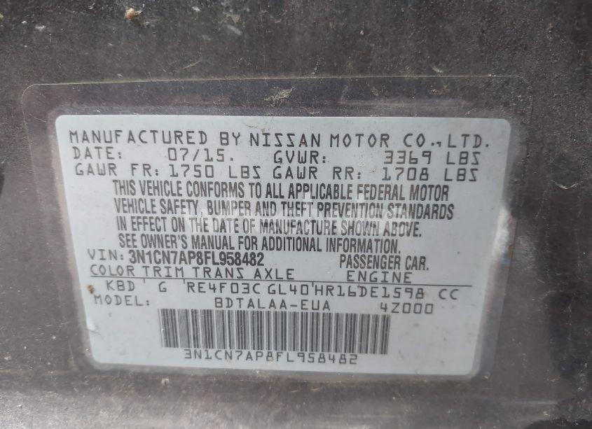 Photo 9 of 2015 Nissan Versa 1.6 S (VIN 3N1CN7AP8FL958482)