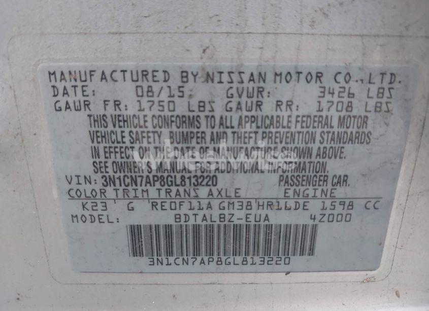 Photo 9 of 2016 Nissan Versa 1.6 S/1.6 S+/1.6 SL/1.6 SV (VIN 3N1CN7AP8GL813220)