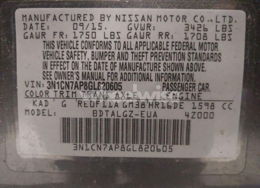 Photo 9 of 2016 Nissan Versa 1.6 SL (VIN 3N1CN7AP8GL820605)