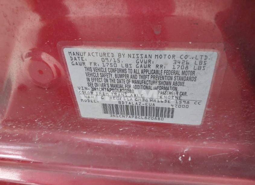 Photo 9 of 2016 Nissan Versa 1.6 S+ (VIN 3N1CN7AP8GL820880)