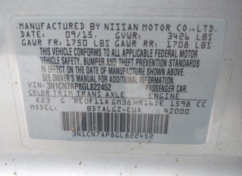 Photo 9 of 2016 Nissan Versa 1.6 SL (VIN 3N1CN7AP8GL822452)