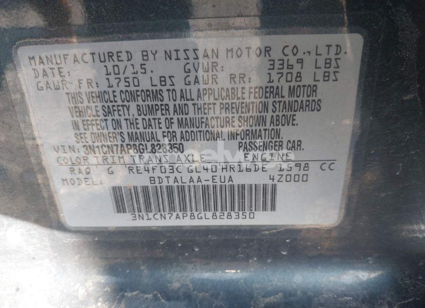 Photo 9 of 2016 Nissan Versa 1.6 S (VIN 3N1CN7AP8GL828350)