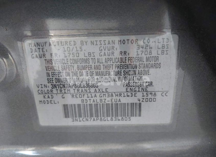 Photo 9 of 2016 Nissan Versa 1.6 SV (VIN 3N1CN7AP8GL836805)