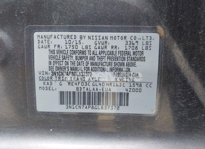 Photo 9 of 2016 Nissan Versa 1.6 S (VIN 3N1CN7AP8GL837372)