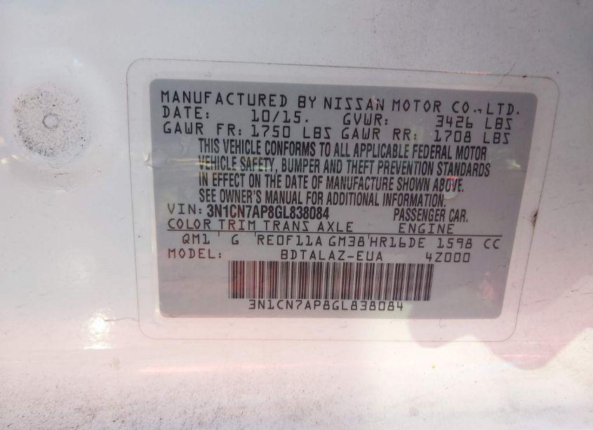 Photo 9 of 2016 Nissan Versa 1.6 S+ (VIN 3N1CN7AP8GL838084)