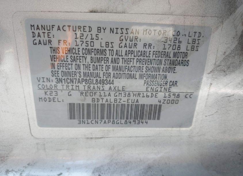 Photo 9 of 2016 Nissan Versa 1.6 SV (VIN 3N1CN7AP8GL849344)