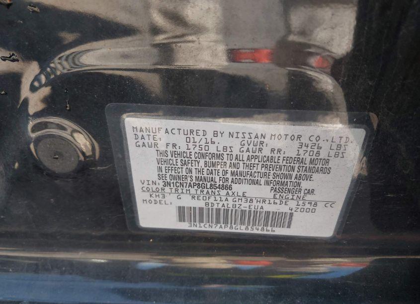 Photo 9 of 2016 Nissan Versa 1.6 S/1.6 S+/1.6 SL/1.6 SV (VIN 3N1CN7AP8GL854866)