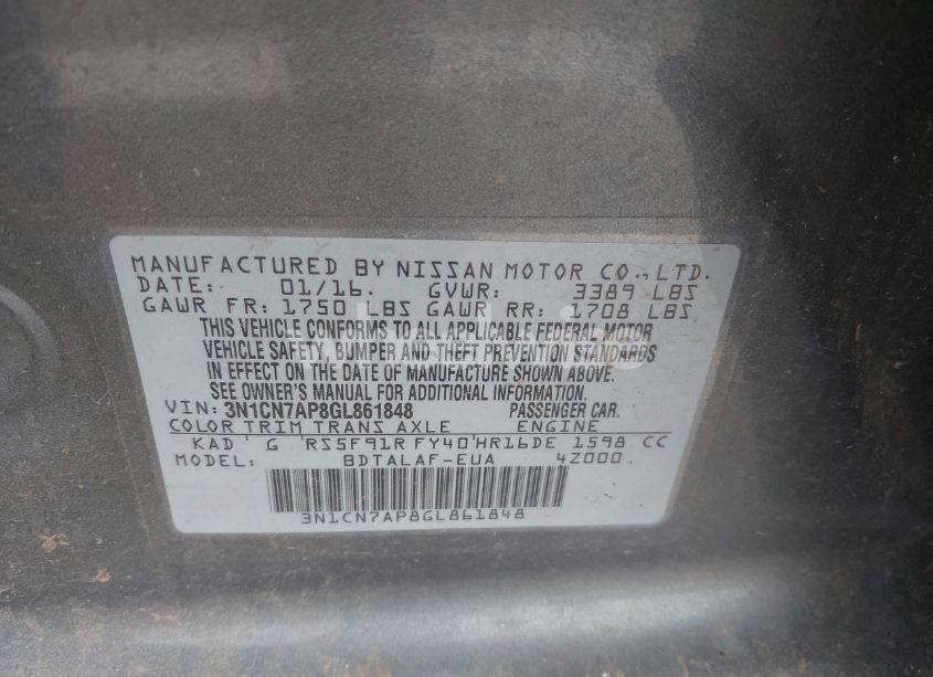 Photo 9 of 2016 Nissan Versa 1.6 S (VIN 3N1CN7AP8GL861848)