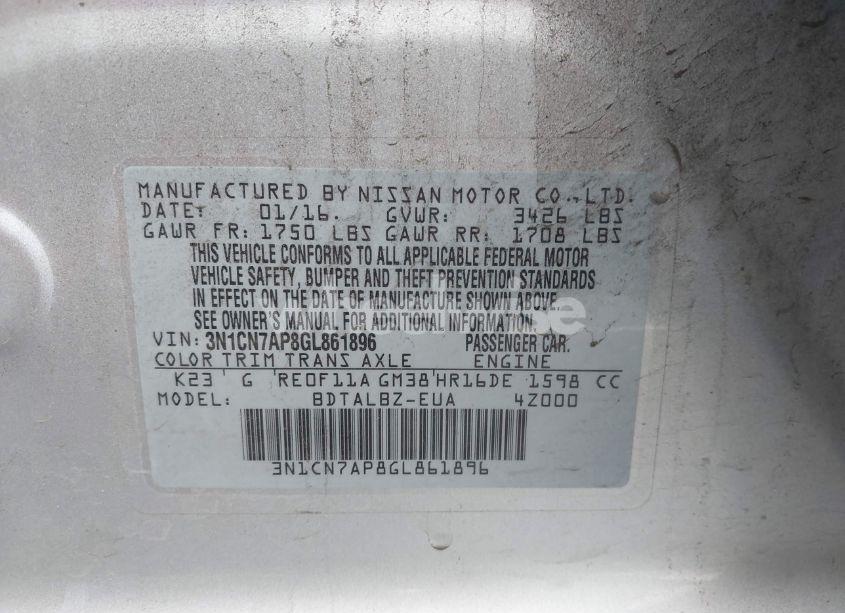 Photo 9 of 2016 Nissan Versa 1.6 SV (VIN 3N1CN7AP8GL861896)