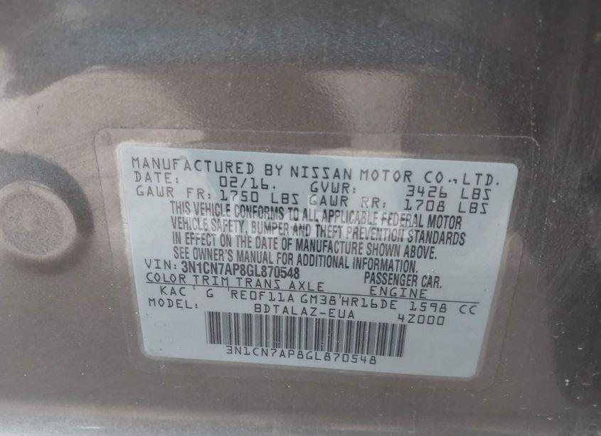 Photo 9 of 2016 Nissan Versa 1.6 S+ (VIN 3N1CN7AP8GL870548)