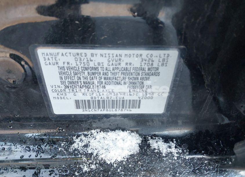 Photo 9 of 2016 Nissan Versa 1.6 SV (VIN 3N1CN7AP8GL878746)