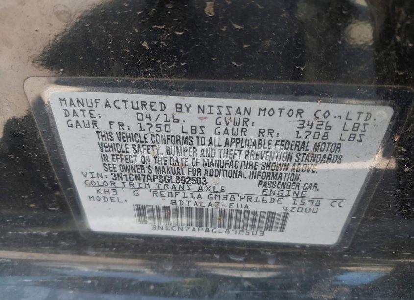 Photo 9 of 2016 Nissan Versa 1.6 S+ (VIN 3N1CN7AP8GL892503)