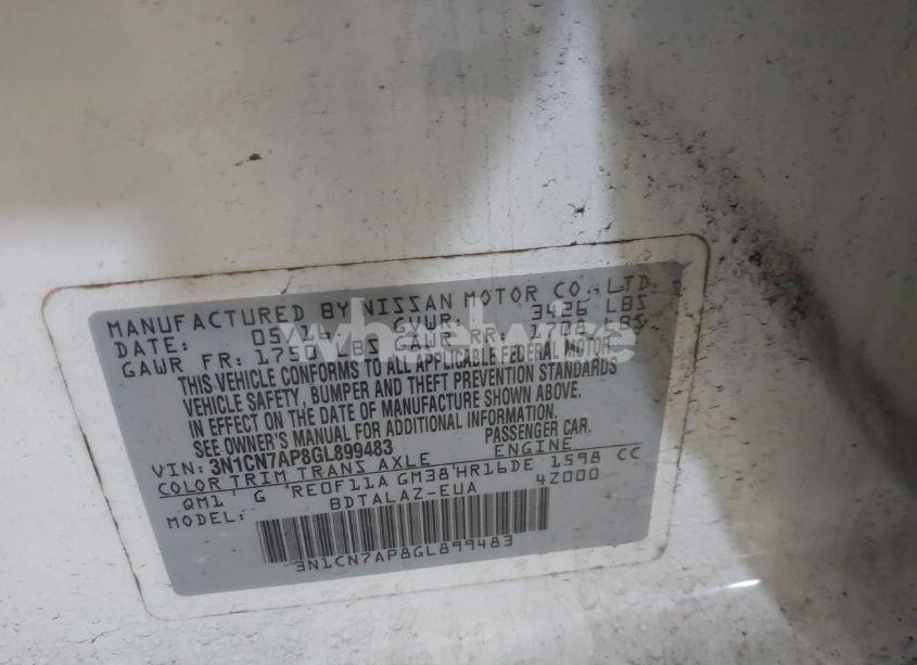 Photo 9 of 2016 Nissan Versa 1.6 S+ (VIN 3N1CN7AP8GL899483)