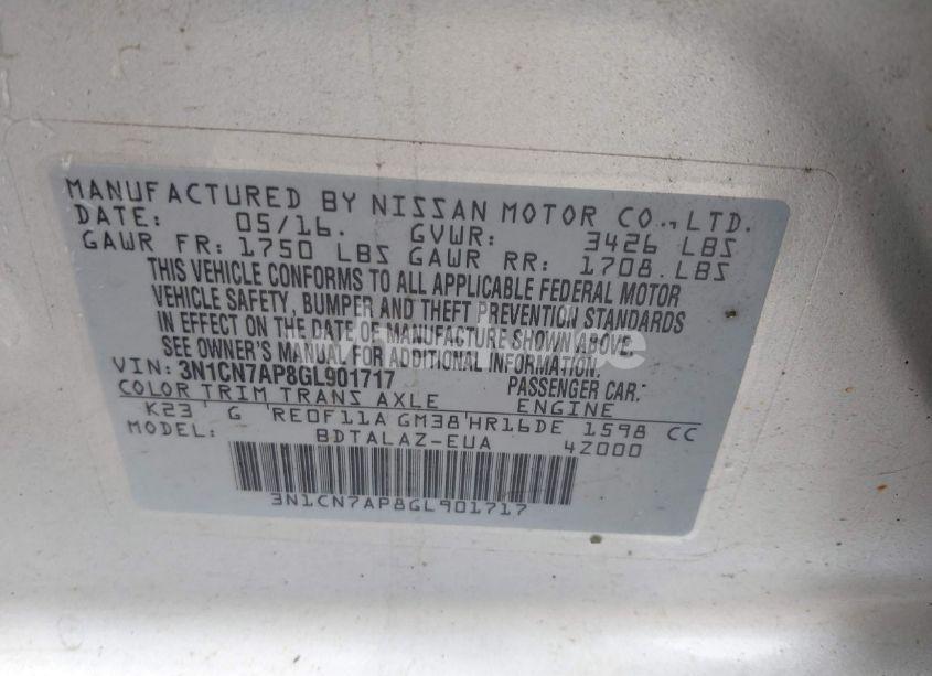 Photo 9 of 2016 Nissan Versa 1.6 S+ (VIN 3N1CN7AP8GL901717)