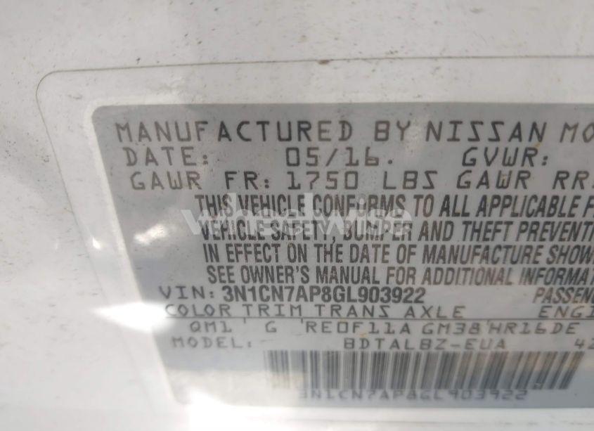 Photo 9 of 2016 Nissan Versa 1.6 SV (VIN 3N1CN7AP8GL903922)