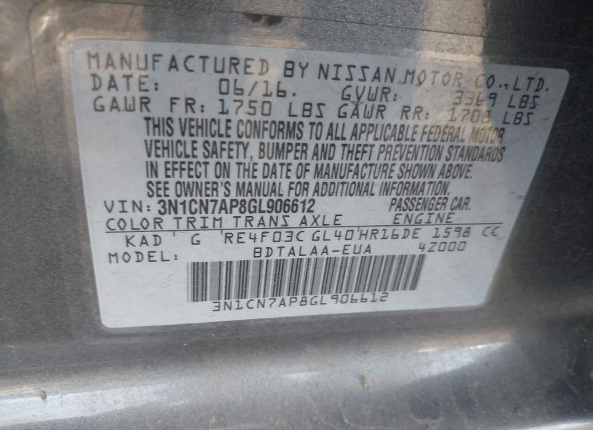 Photo 9 of 2016 Nissan Versa 1.6 S (VIN 3N1CN7AP8GL906612)