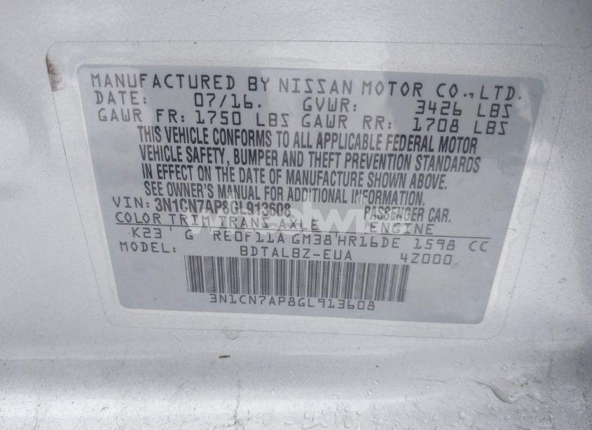 Photo 9 of 2016 Nissan Versa 1.6 SV (VIN 3N1CN7AP8GL913608)