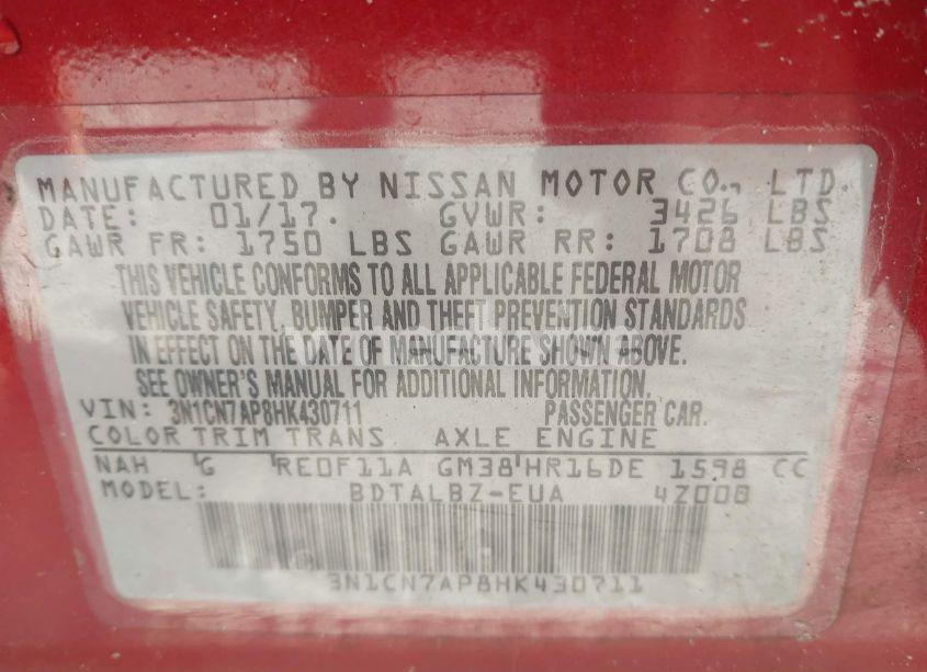 Photo 9 of 2017 Nissan Versa 1.6 SV (VIN 3N1CN7AP8HK430711)