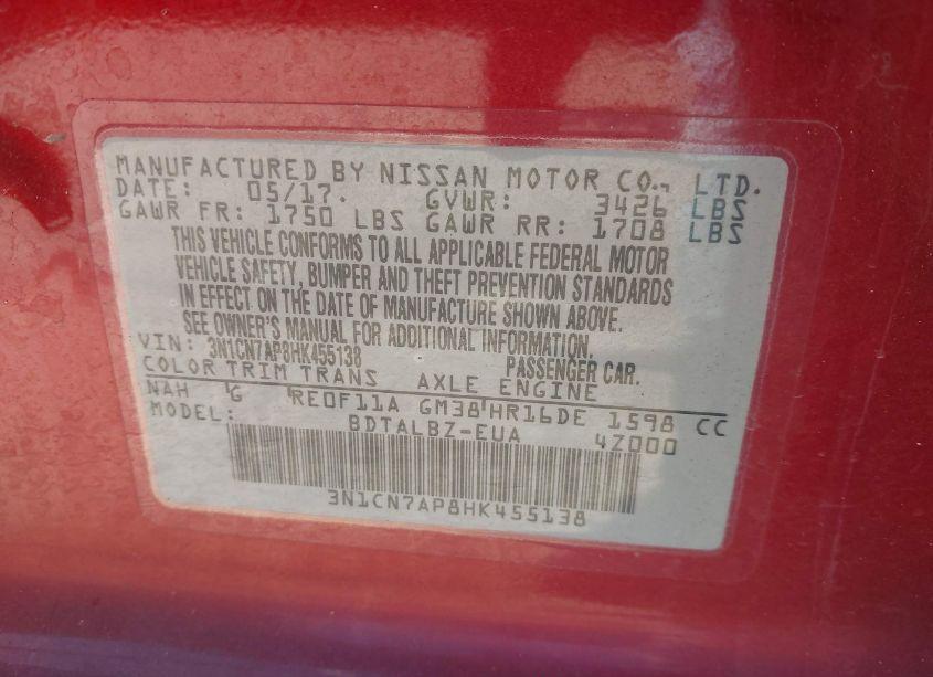 Photo 9 of 2017 Nissan Versa 1.6 SV (VIN 3N1CN7AP8HK455138)