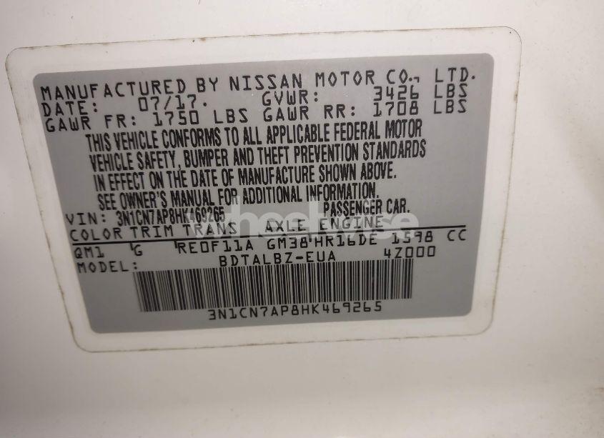 Photo 9 of 2017 Nissan Versa 1.6 SV (VIN 3N1CN7AP8HK469265)