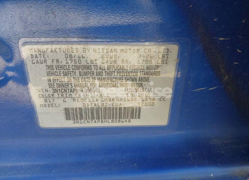 Photo 9 of 2017 Nissan Versa 1.6 SV (VIN 3N1CN7AP8HL808648)