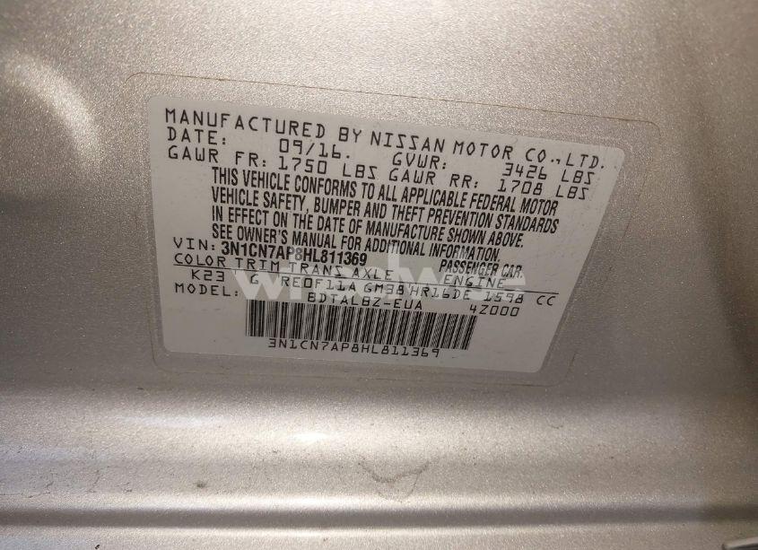 Photo 9 of 2017 Nissan Versa 1.6 SV (VIN 3N1CN7AP8HL811369)