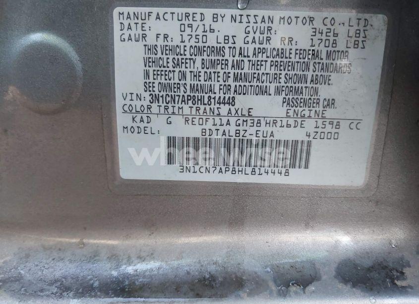 Photo 9 of 2017 Nissan Versa 1.6 S/1.6 S+/1.6 SL/1.6 SV (VIN 3N1CN7AP8HL814448)