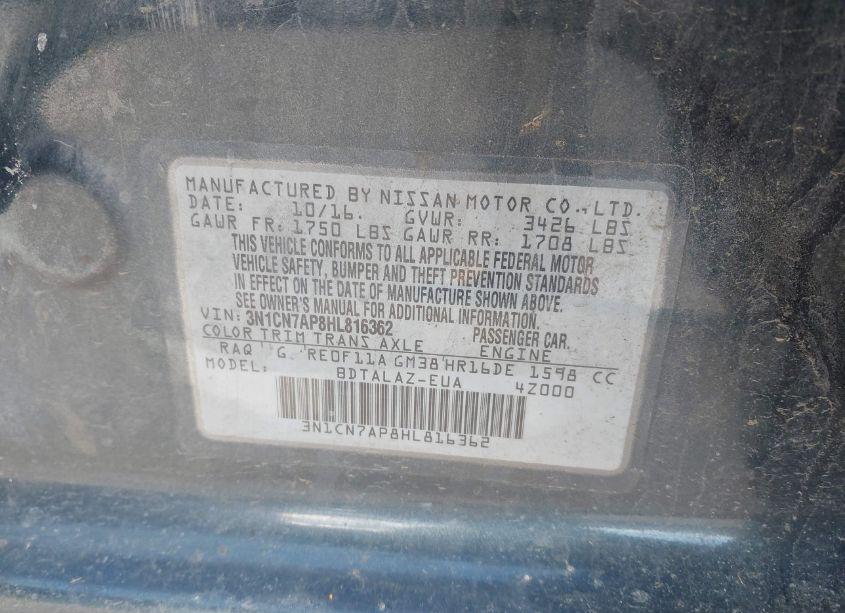 Photo 9 of 2017 Nissan Versa 1.6 S+ (VIN 3N1CN7AP8HL816362)