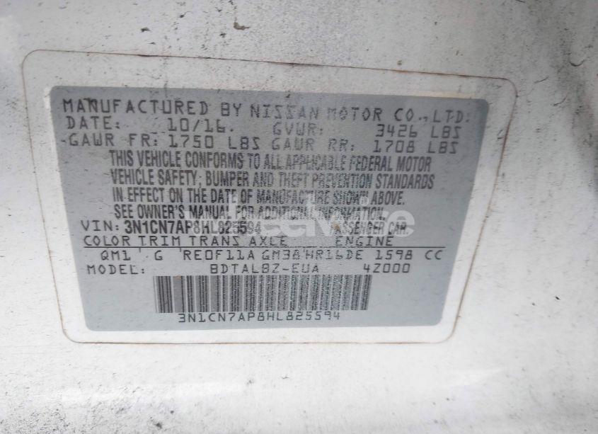 Photo 9 of 2017 Nissan Versa 1.6 SV (VIN 3N1CN7AP8HL825594)