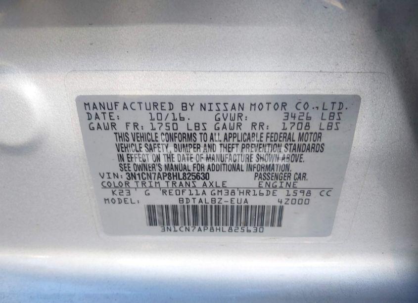 Photo 9 of 2017 Nissan Versa 1.6 SV (VIN 3N1CN7AP8HL825630)