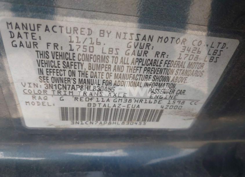 Photo 9 of 2017 Nissan Versa 1.6 S+ (VIN 3N1CN7AP8HL830455)