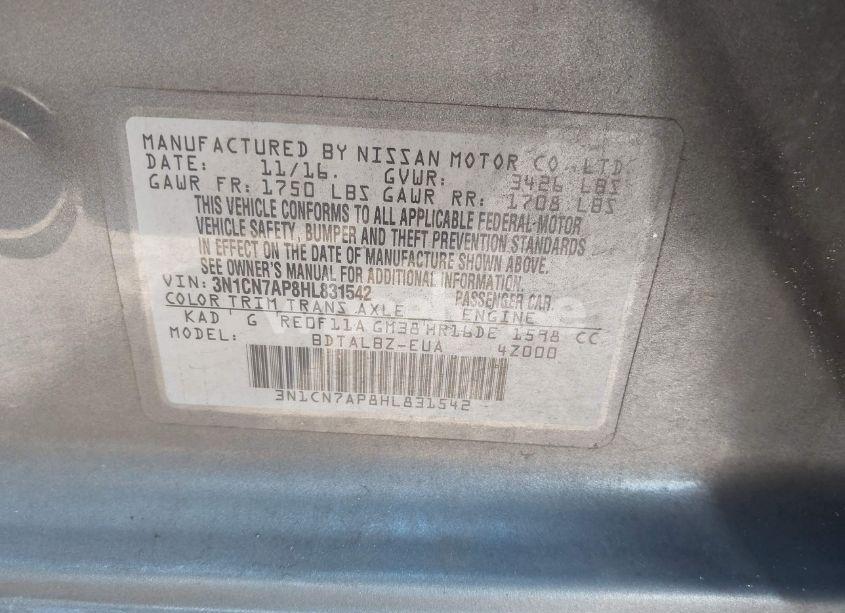 Photo 9 of 2017 Nissan Versa 1.6 SV (VIN 3N1CN7AP8HL831542)