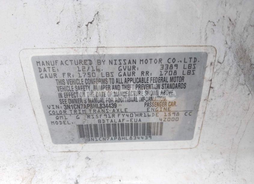 Photo 9 of 2017 Nissan Versa 1.6 S (VIN 3N1CN7AP8HL834439)