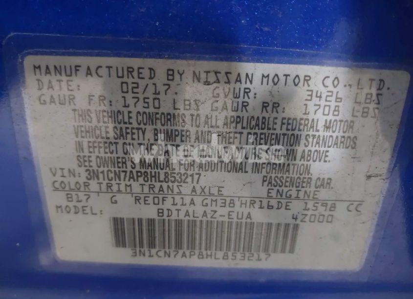 Photo 9 of 2017 Nissan Versa 1.6 S+ (VIN 3N1CN7AP8HL853217)