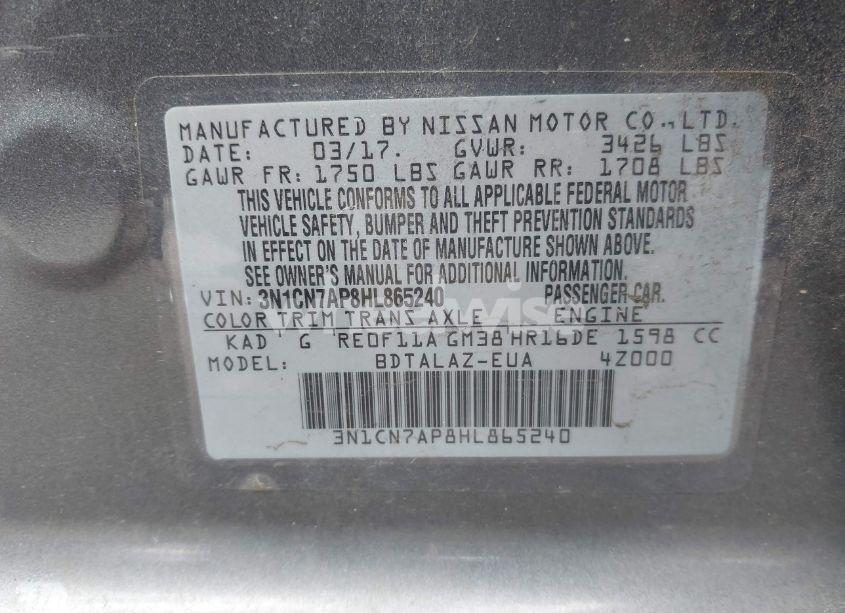 Photo 9 of 2017 Nissan Versa 1.6 S+ (VIN 3N1CN7AP8HL865240)