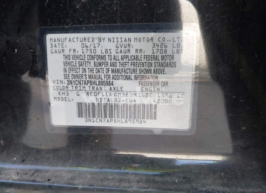 Photo 9 of 2017 Nissan Versa 1.6 SV (VIN 3N1CN7AP8HL895984)