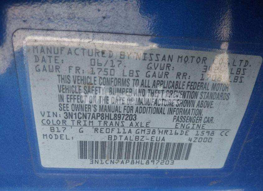 Photo 9 of 2017 Nissan Versa 1.6 SV (VIN 3N1CN7AP8HL897203)