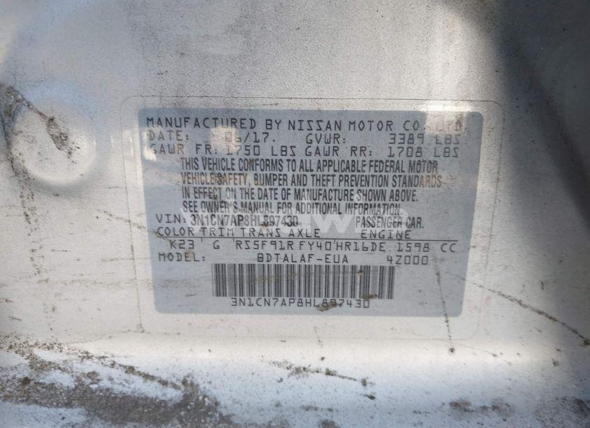 Photo 9 of 2017 Nissan Versa 1.6 S (VIN 3N1CN7AP8HL897430)