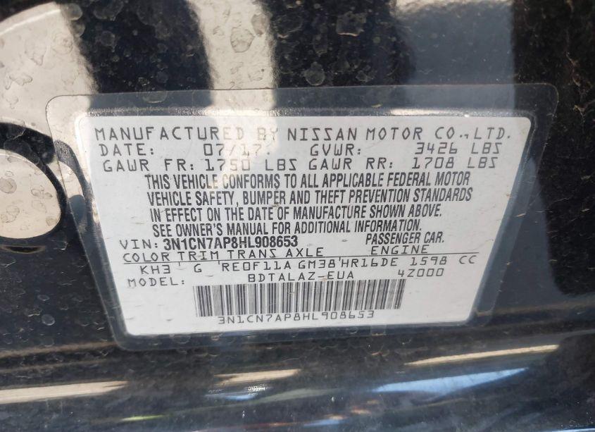 Photo 9 of 2017 Nissan Versa 1.6 S+ (VIN 3N1CN7AP8HL908653)