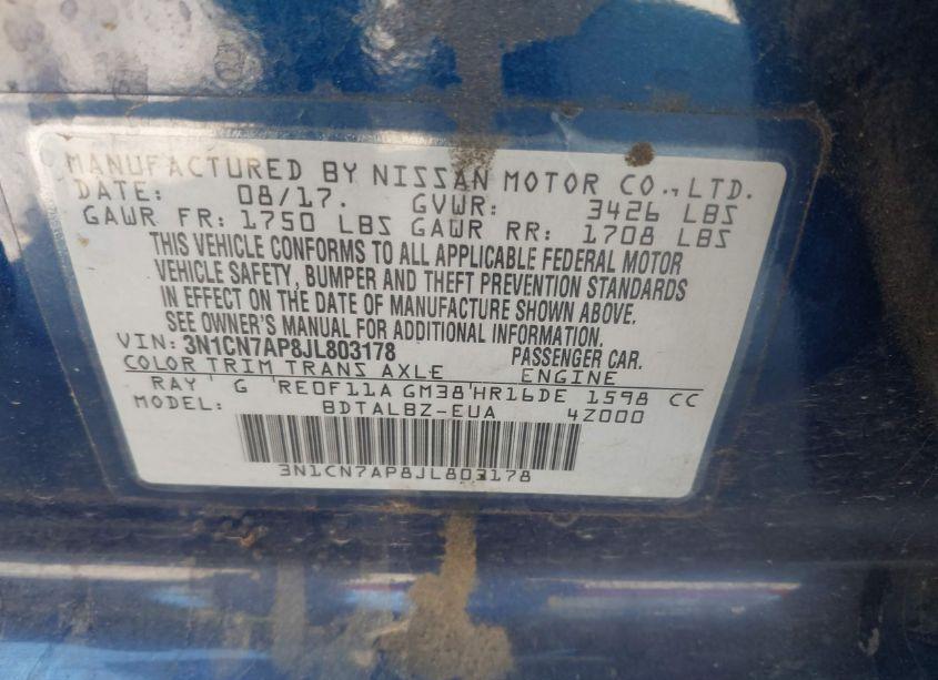 Photo 9 of 2018 Nissan Versa 1.6 SV (VIN 3N1CN7AP8JL803178)