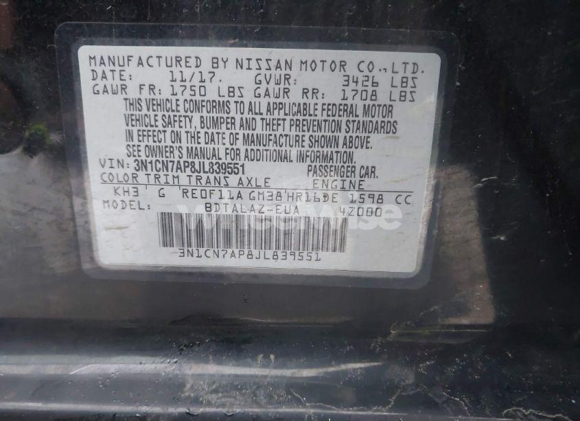 Photo 9 of 2018 Nissan Versa 1.6 S+ (VIN 3N1CN7AP8JL839551)