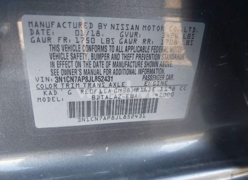 Photo 9 of 2018 Nissan Versa 1.6 S+ (VIN 3N1CN7AP8JL852431)