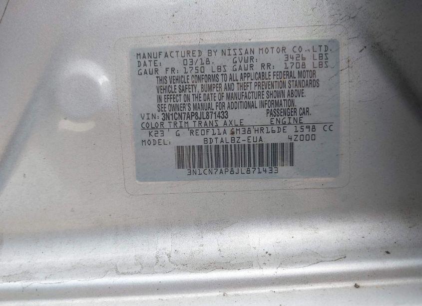 Photo 9 of 2018 Nissan Versa 1.6 SV (VIN 3N1CN7AP8JL871433)