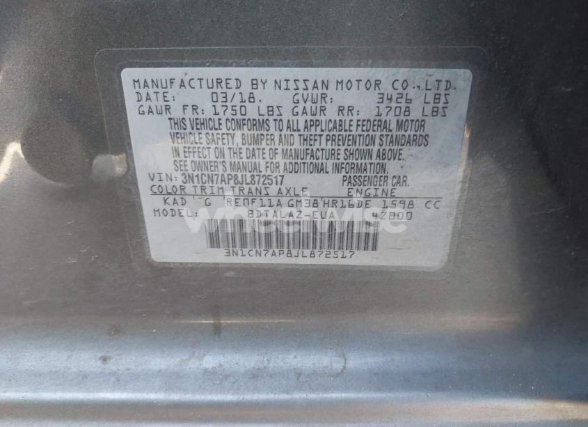 Photo 9 of 2018 Nissan Versa 1.6 S+ (VIN 3N1CN7AP8JL872517)