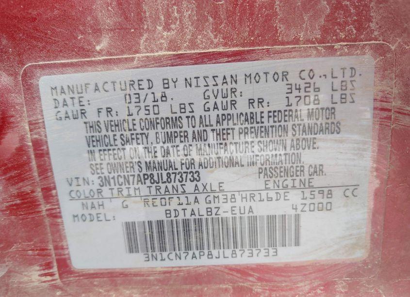 Photo 9 of 2018 Nissan Versa 1.6 SV (VIN 3N1CN7AP8JL873733)